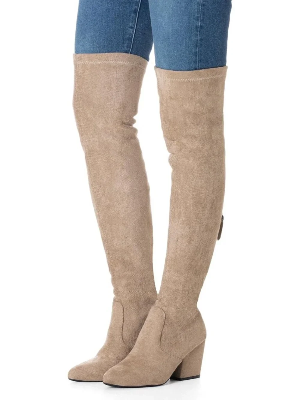 Women's Taupe 3 Inch Pointed Toe Chunky Block Heel Over The Knee High Boots